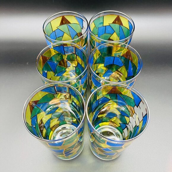 Vtg MCM West Virginia Glass Cocktail Set 22K Gold Mosaic 7 pc 50 oz Pitcher - Picture 6 of 16